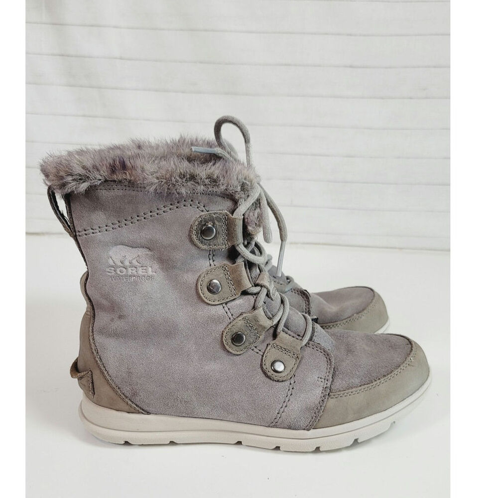 Sorel Explorer Joan Suede Waterproof Winter Boots in Quarry, sz 8.5